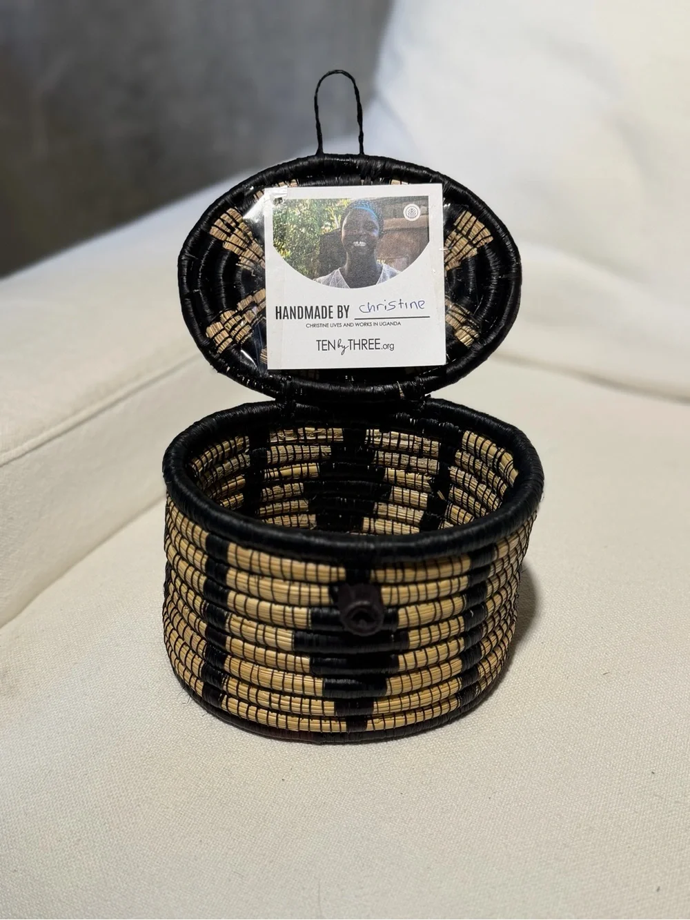 Handwoven Ugandan Lidded Coil Seagrass Basket- Black & Natural